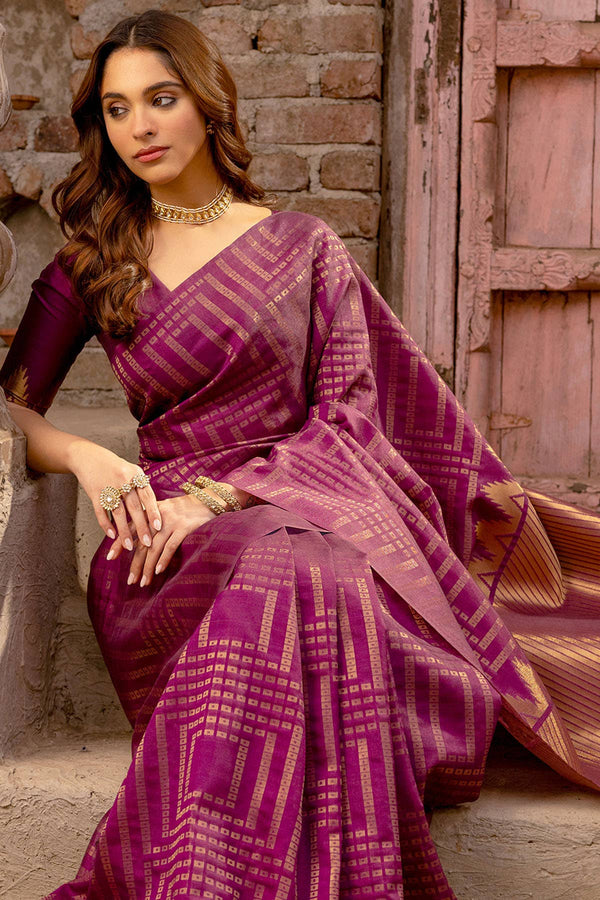 Wine Tussar Saree With Zari Woven Geometric Patterns