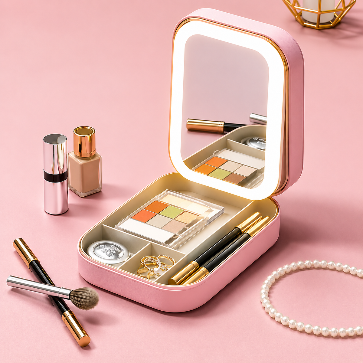 Led mirror makeup jewellery box