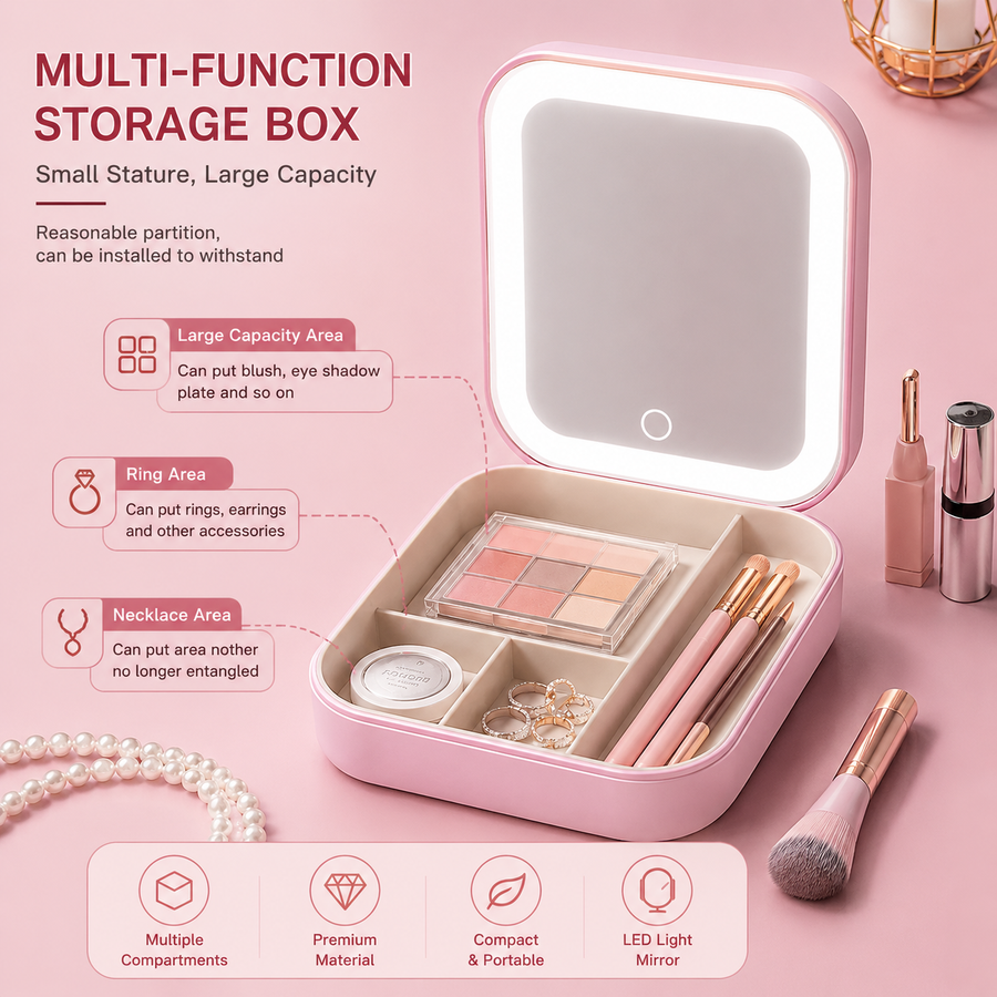 Led mirror makeup jewellery box