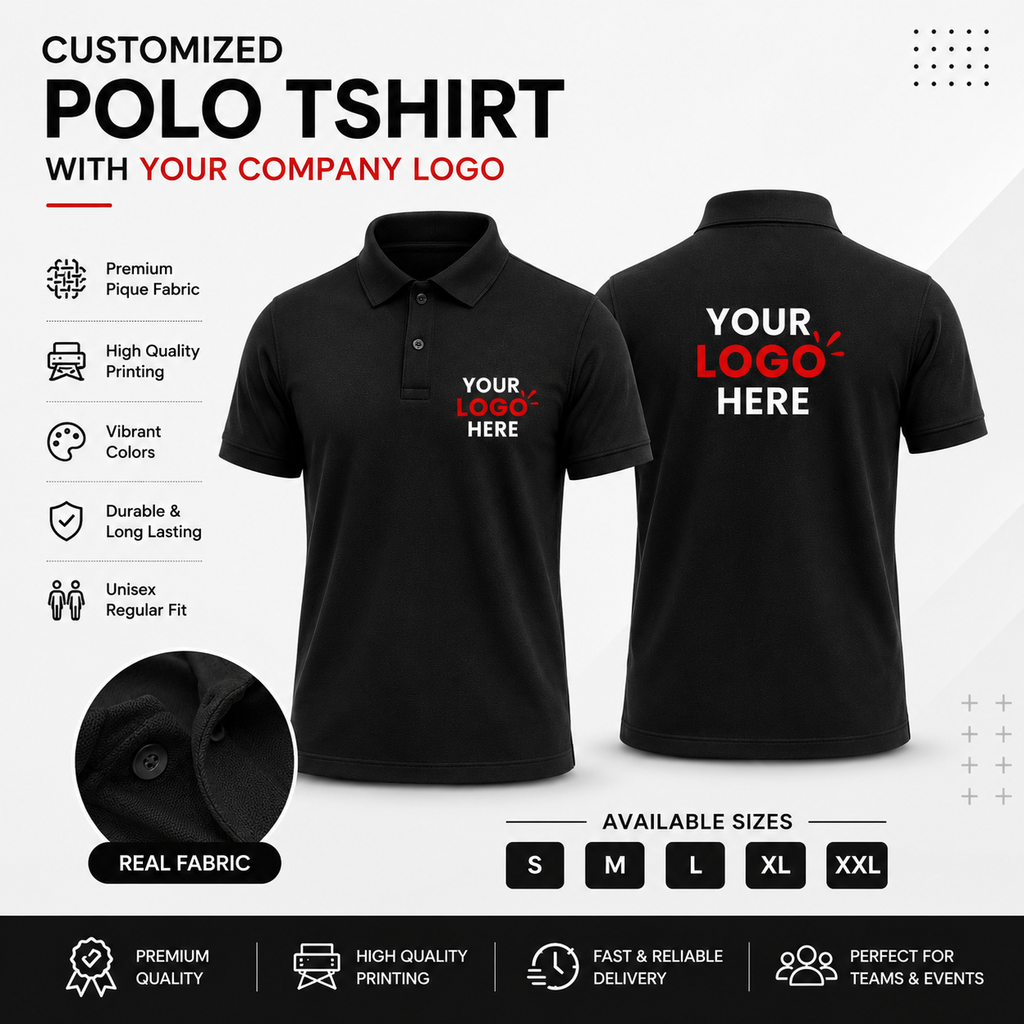 Black polo shirt with customizable company logo on a white background