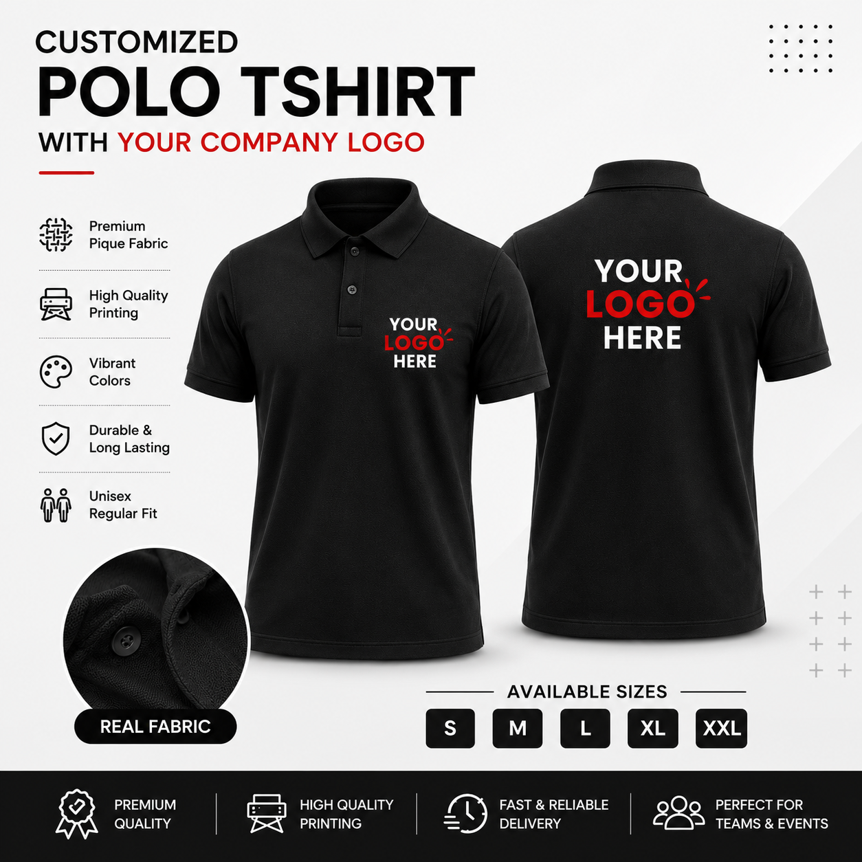 Black polo shirt with customizable company logo on a white background