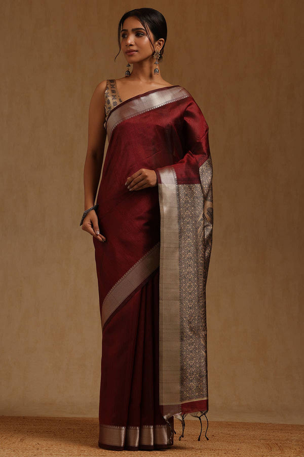 Maroon Tussar Madhubani Printed Saree