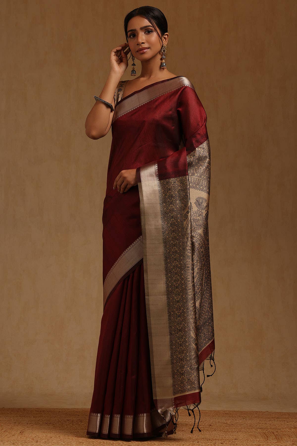 Maroon Tussar Madhubani Printed Saree
