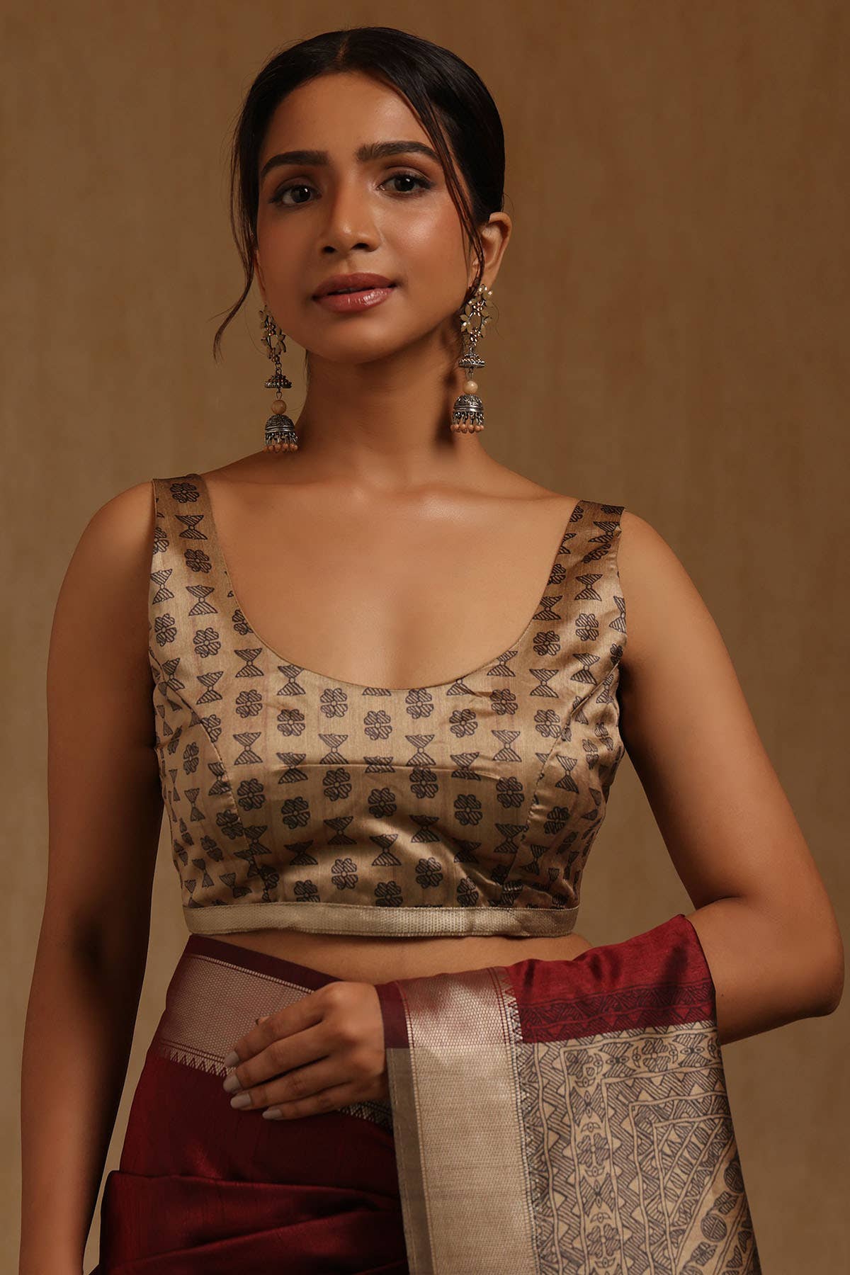 Maroon Tussar Madhubani Printed Saree