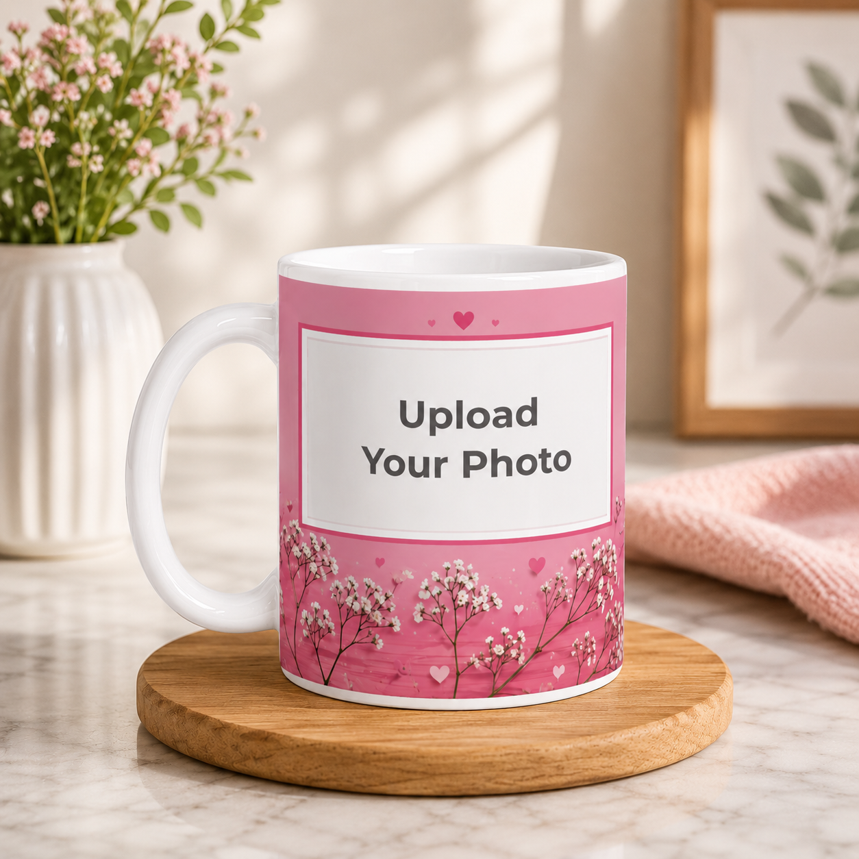 Personalized Photo Print Ceramic Mug – Pink Floral Design | Custom Photo Coffee Mug
