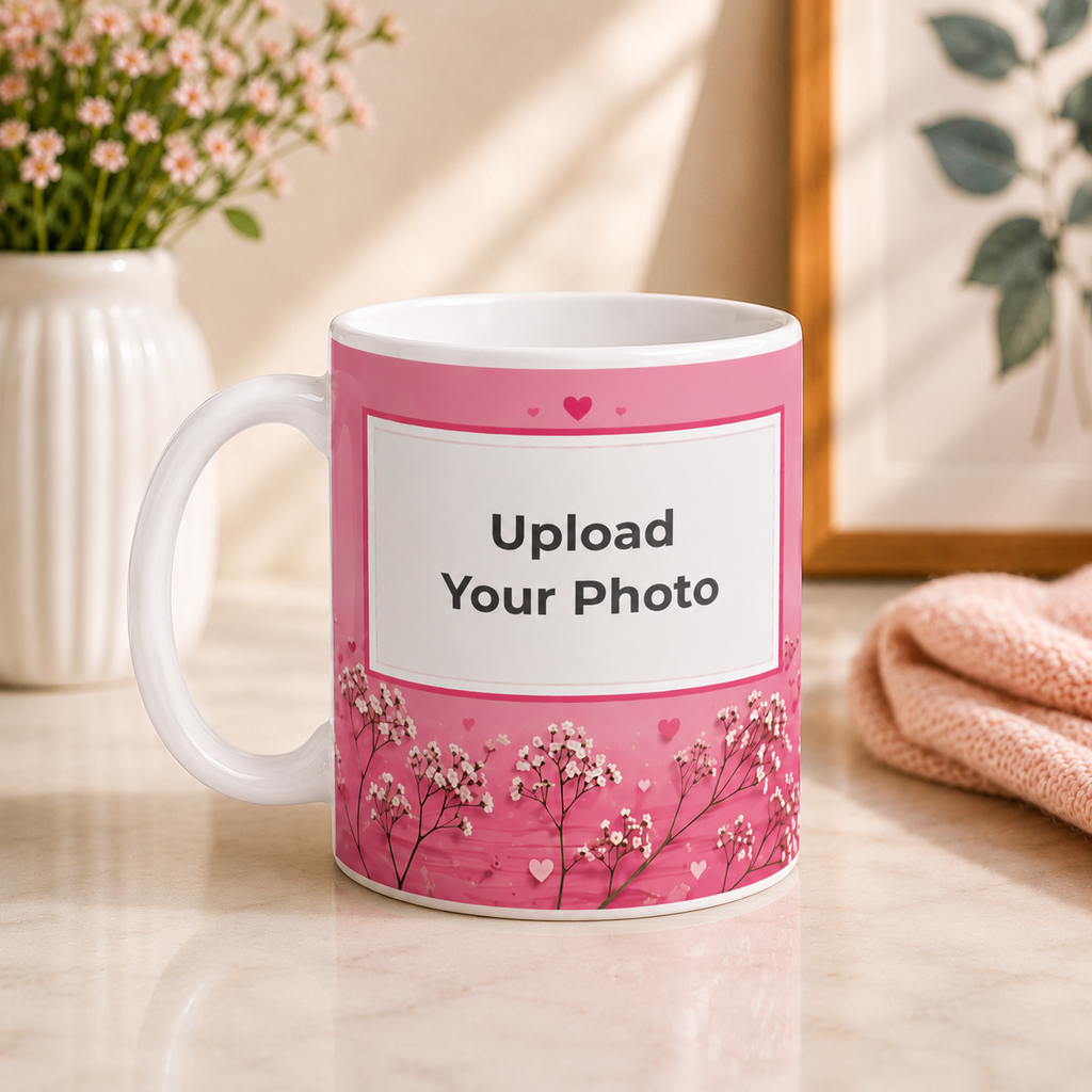 Personalized Photo Print Ceramic Mug – Pink Floral Design | Custom Photo Coffee Mug