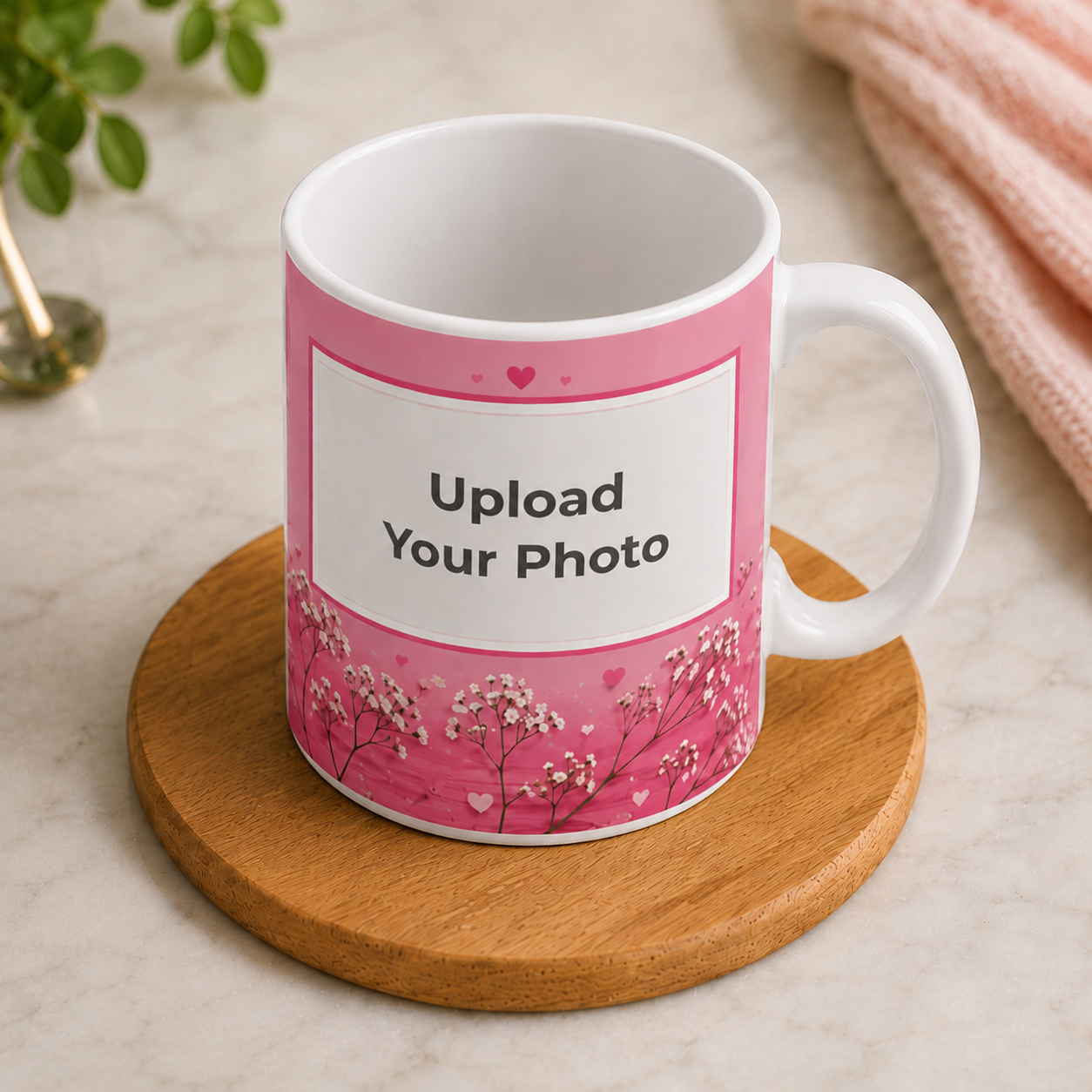 Personalized Photo Print Ceramic Mug – Pink Floral Design | Custom Photo Coffee Mug