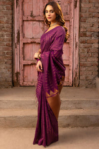Wine Tussar Saree With Zari Woven Geometric Patterns