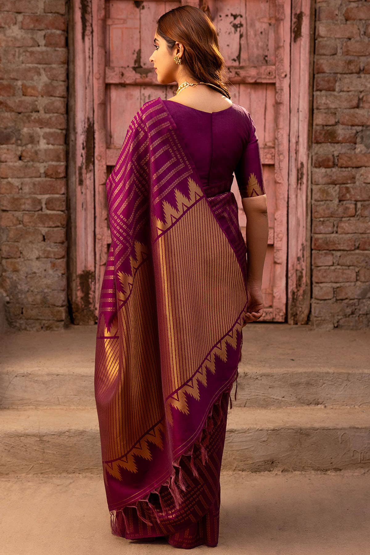 Wine Tussar Saree With Zari Woven Geometric Patterns
