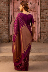 Wine Tussar Saree With Zari Woven Geometric Patterns